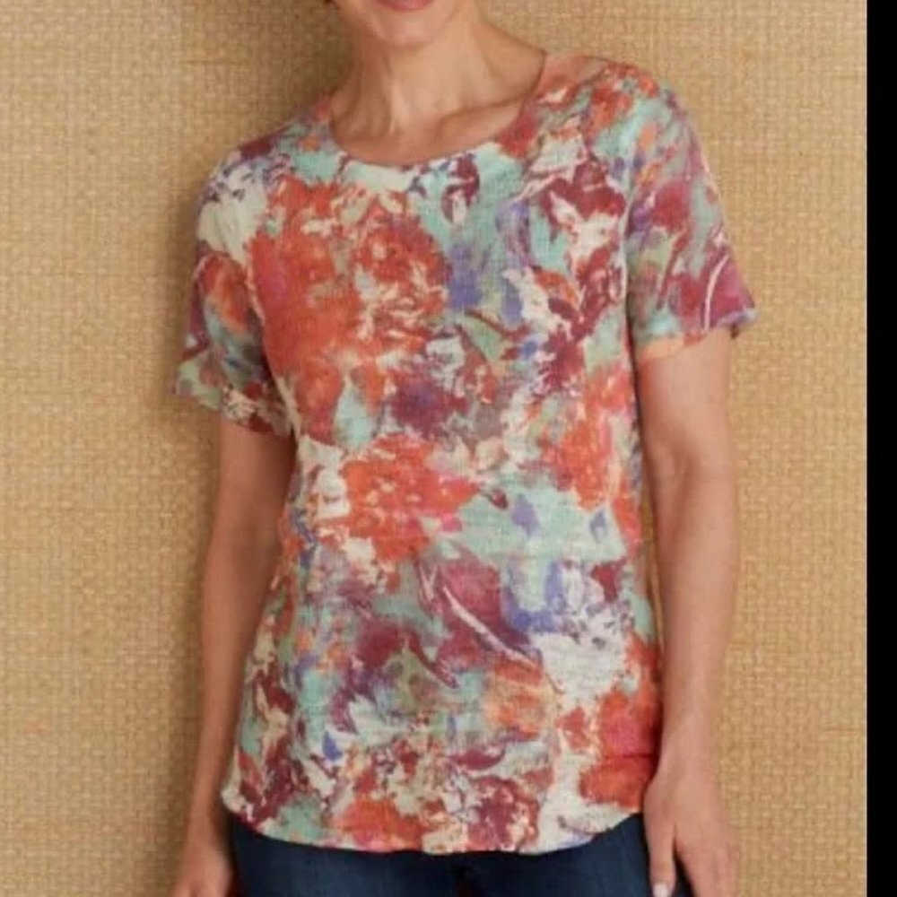Soft Surroundings Sweater Tee Impressionist Floral Short Sleeved Top‎ Womens Med